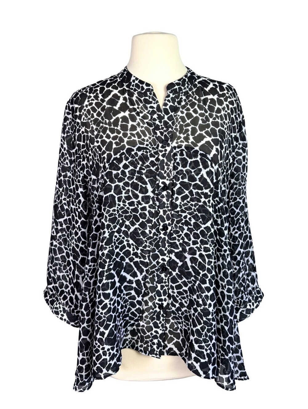 Chico's Animal Print Sheer Button Front Blouse Tunic Black White Size 2
